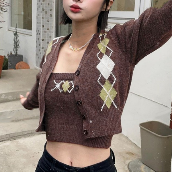 Cardigan Court en maille à Losanges Mode Coréenne Femme HeeJin LOONA