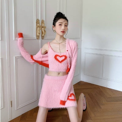Ensemble Rose à Coeur Cardiguan Crop Top Jupe à Franges Joy Red Velvet