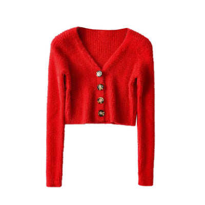 Pull Cardigan Court Col en V Avec Boutons Manches Longues Momo Twice