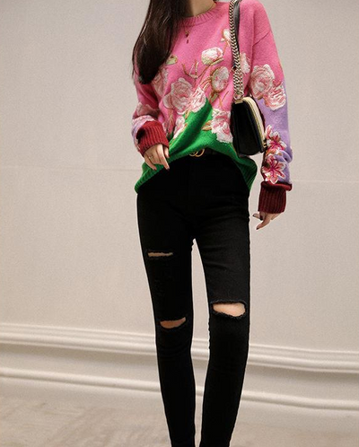 Pull Fleurs brodés Rose Vert Violet Printemps Seolhyun AOA Mode Femme