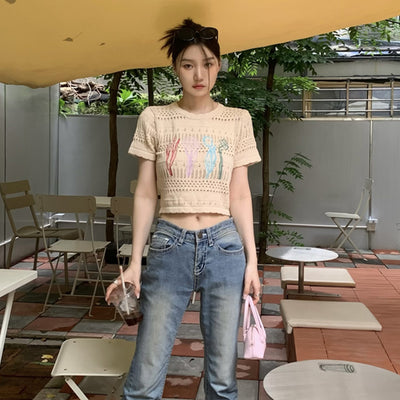 Crop Top Beige Fleurs Brodés Colorées Sakura Japon Mode Femme Kpop
