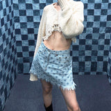 Jupe effilochée en Jean Avec Etoiles Bleues Yuqi G I Dle Mode Coréenne