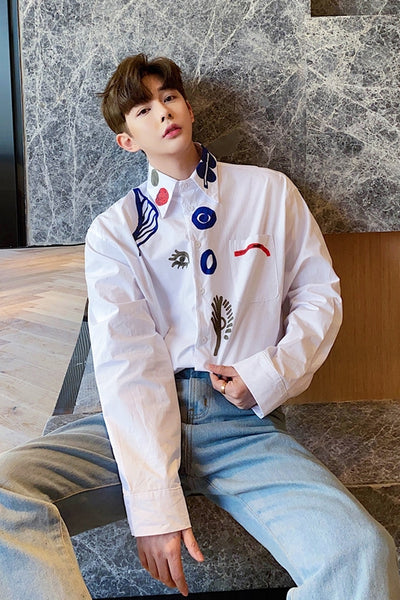 Chemise Blanche Symboles Abstrait Oeil Jongho ATEEZ Mode Coréenne