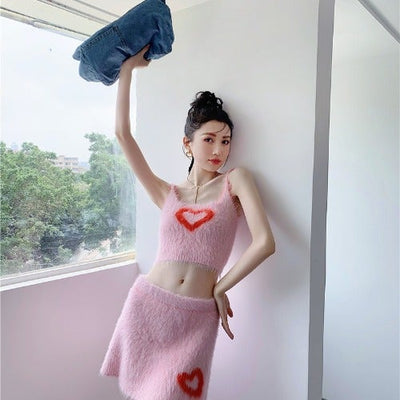 Ensemble Rose à Coeur Cardiguan Jupe à Franges Irene Red Velvet SMCU Express