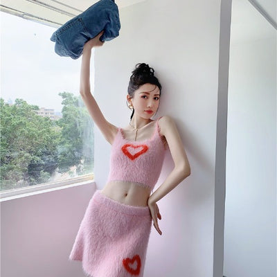 Ensemble Rose à Coeur Cardiguan Crop Top Jupe à Franges Joy Red Velvet