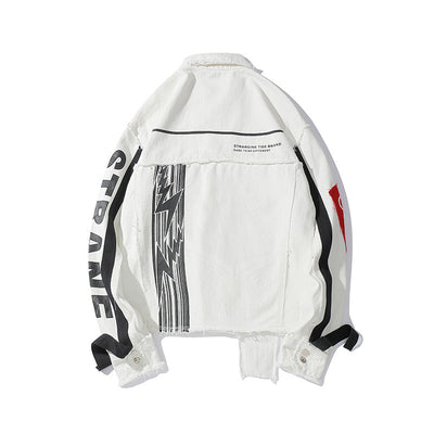 Veste en Jean Blanc Ample à Imprimé Eclairs Hip Hop Hongjoong ATEEZ