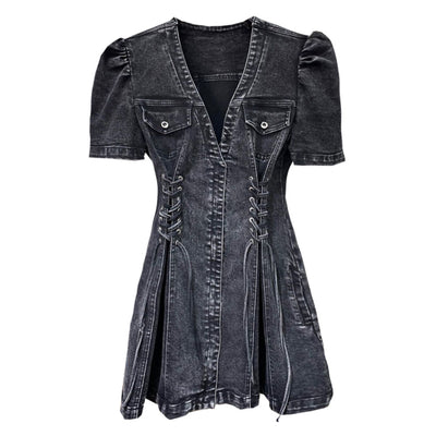 Robe Noire en Jean Col V Lisa BlackPink Mode Femme Ajaib Investasi Kpop