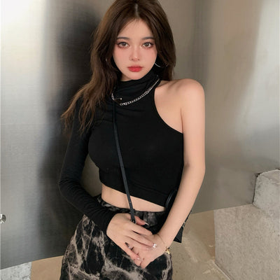 Crop Top Noir Manche Unique Epaule Nue Rond Sakura LE SSERAFIM Kpop Mnet