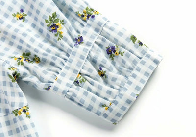 Robe Motif Carré Quadrillage et Fleur Manches Bouffantes Momo Twice Kpop