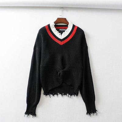 Pull Court Col V Effiloché en Losange Manches Longues Rose BlackPink