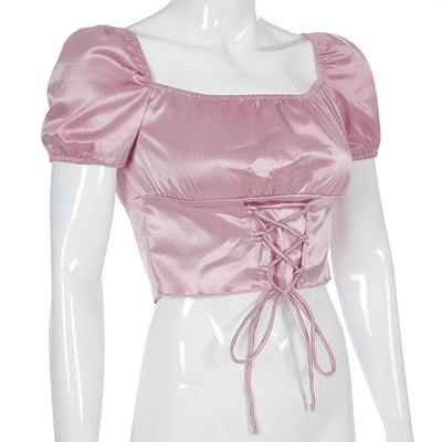 Crop Top Rose Satin Corset Lacet Blouse Courte YooA Oh My Girl Mode Kpop