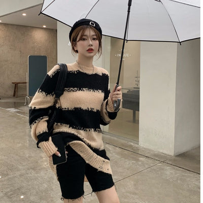 Pull Chaud Ample à Motif Rayé Jisoo BlackPink Mode Coréenne Oversize