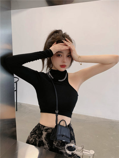 Crop Top Noir Manche Unique Epaule Nue Rond Sakura LE SSERAFIM Kpop Mnet
