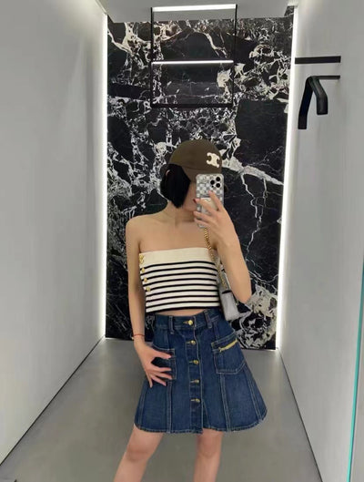 Crop Top Tube Blanc Marinière Rayures Lisa BlackPink Live Countdown Pink Venom