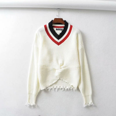Pull Court Col V Effiloché en Losange Manches Longues Rose BlackPink