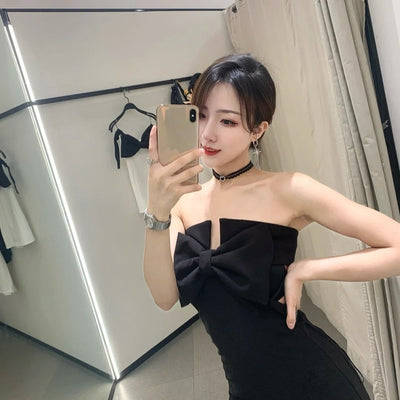 Robe Noire Décollette à Noeud Élégant Dos Nu Winter Aespa Mode Femme