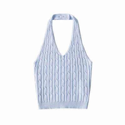 Haut Court Gilet Vert à Torsades Dos Nu Col Suspendu Sunmi Mode Femme