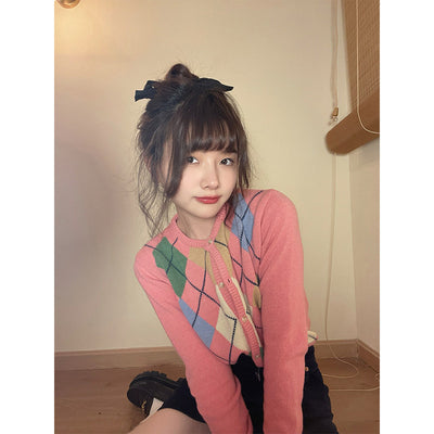 Cardigan Tricot Style Diamant Losange Retro Couleurs Pastels Hyojung OMG