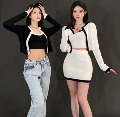 Ensemble Noir et Blanc Contrasté Veste Crop Top Jupe Jennie Olens Kpop