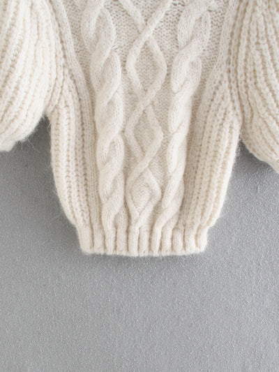 Pull Blanc Hiver Torsades et Manches Bouffantes Momo Twice Mode Femme