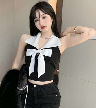 Crop Top Noir Noeud Col Blanc Momo Twice Doughnut Special Stage Kpop