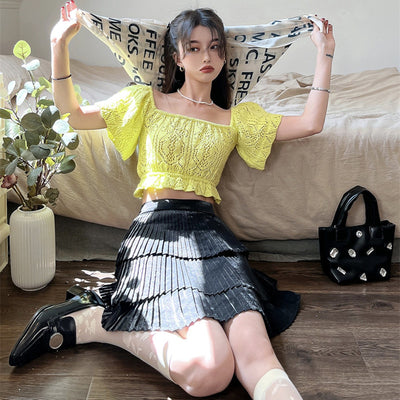Crop Top Tricot Jaune Manches et Col Ample Youngeun Kep1er Mode Kpop