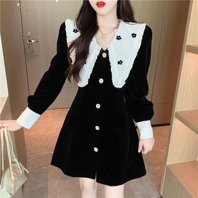 Robe Noir Vintage Col Blanc Claudine Fleur Lia Itzy Whiteday Printemps