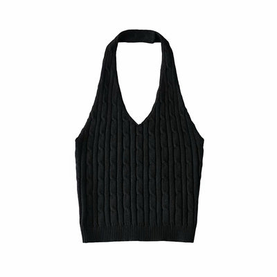 Haut Court Gilet Vert à Torsades Dos Nu Col Suspendu Sunmi Mode Femme