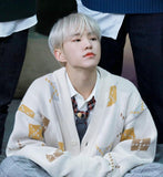 Veste Tricotée Vintage Cardigan à motifs carrés Hoshi Seventeen Kpop