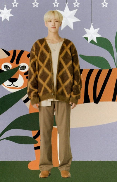 Cardigan Motif Quadrillé Hoshi Seventeen Manteau Pull Mixte à Carreaux