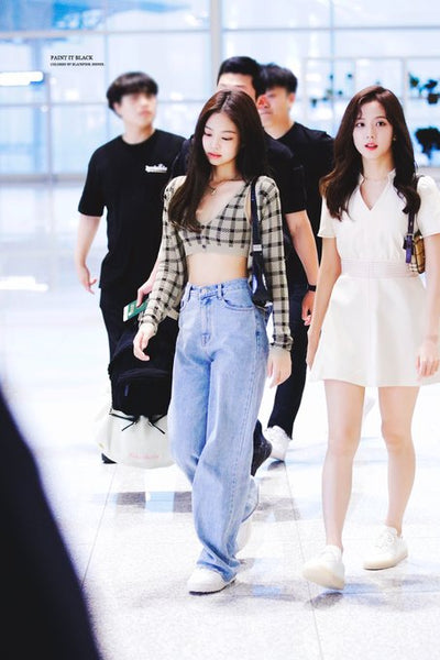 Ensemble Jennie Kim Veste Cardigan en Maille à Carreaux Black Pink