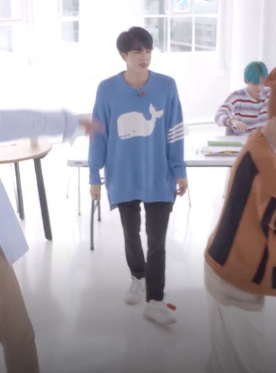 Pull Bleu Tricot Baleine Blanche Jin BTS Mode Coréenne Redingote
