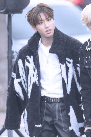 Manteau en Laine Veste Polaire Noire Motif Blanc Jisung Stray Kids