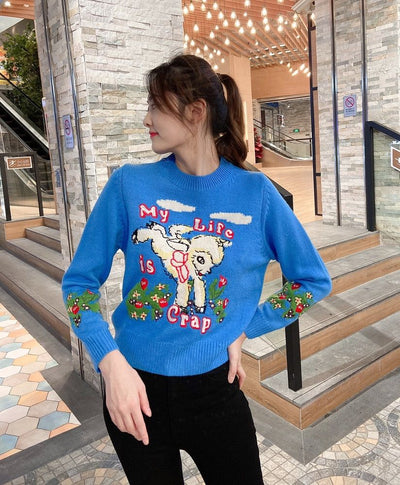 My Life is Crap Chandail Motif Broderie Agneau Joy Red Velvet Sweater