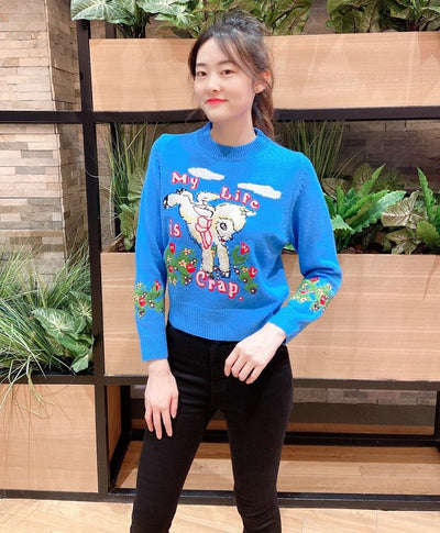 My Life is Crap Chandail Motif Broderie Agneau Joy Red Velvet Sweater