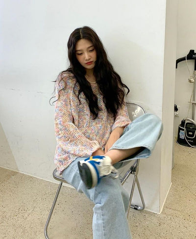 Joy Red Velvet Pull Brodé Maille Arc-en-ciel Ensemble Chandail Coréen