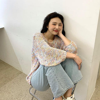 Joy Red Velvet Pull Brodé Maille Arc-en-ciel Ensemble Chandail Coréen