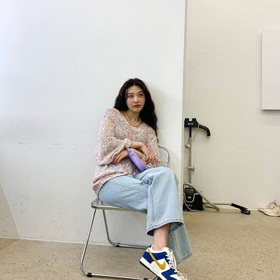 Joy Red Velvet Pull Brodé Maille Arc-en-ciel Ensemble Chandail Coréen