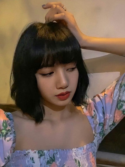 Chemisier Court à Fleurs Nombril et Manches Bouffantes Lisa BlackPink