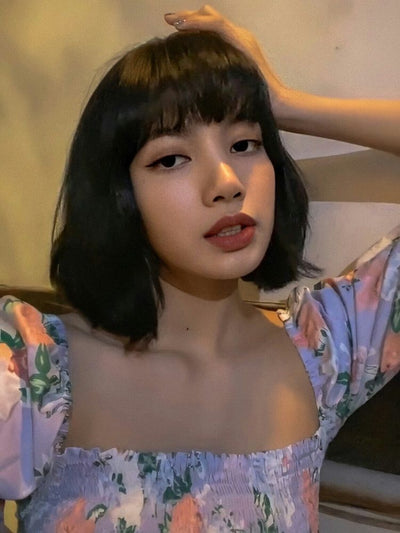 Chemisier Court à Fleurs Nombril et Manches Bouffantes Lisa BlackPink