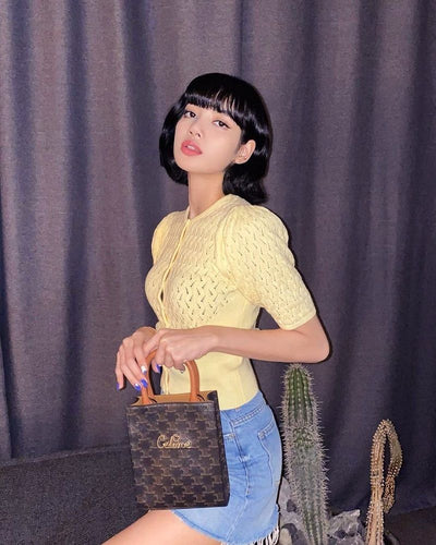 Haut en Tricot  Découpe en maille Fine Jaune Rose Lisa Kpop BlackPink