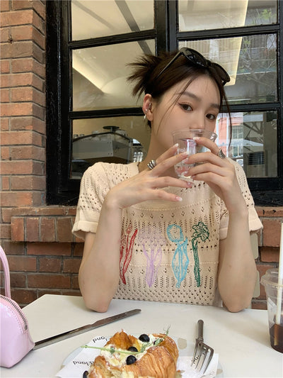 Crop Top Beige Fleurs Brodés Colorées Sakura Japon Mode Femme Kpop