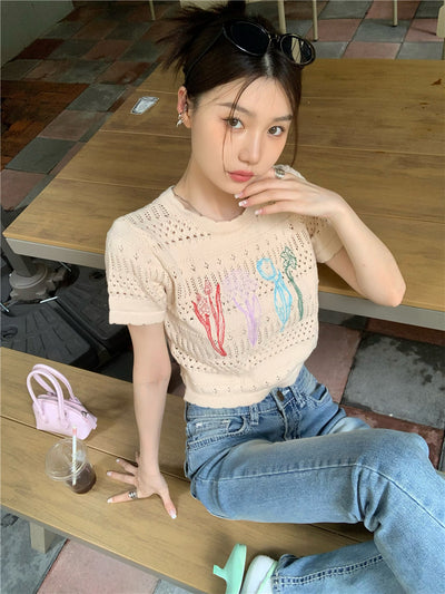 Crop Top Beige Fleurs Brodés Colorées Sakura Japon Mode Femme Kpop