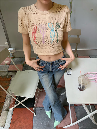 Crop Top Beige Fleurs Brodés Colorées Sakura Japon Mode Femme Kpop