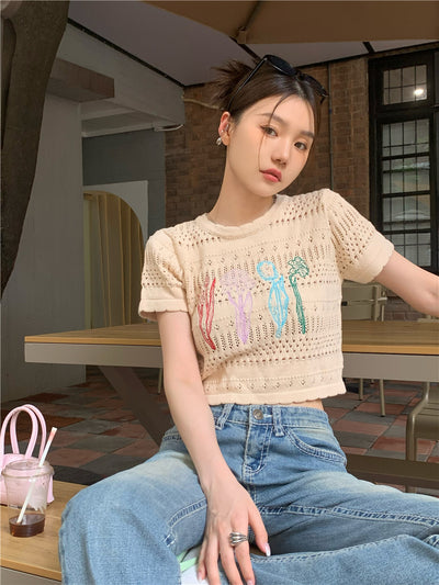 Crop Top Beige Fleurs Brodés Colorées Sakura Japon Mode Femme Kpop