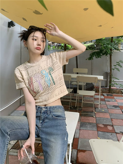 Crop Top Beige Fleurs Brodés Colorées Sakura Japon Mode Femme Kpop