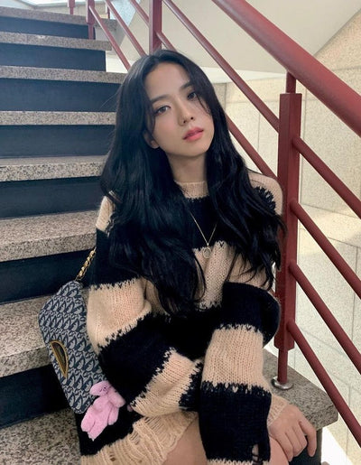 Pull Chaud Ample à Motif Rayé Jisoo BlackPink Mode Coréenne Oversize
