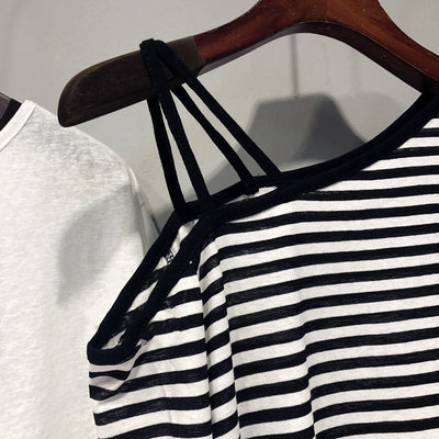 Haut rayé sexy Bretelle Epaule Nue Marinière Nayeon Twice Bubble Mode