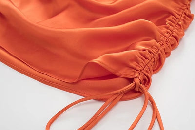 Robe Unie Orange Plissée Satin Lacets Miyeon G Idle Kpop Mode Femme