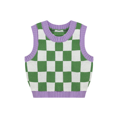 Gilet Sans Manche Tricoté Style Damier Vert Blanc Violet Haseul Loona